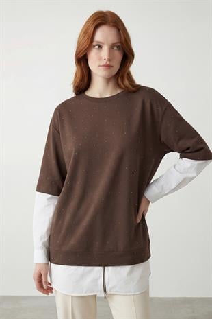 Taş Baskılı Etek Ucu Fermuarlı Tunik 10761 - Browni