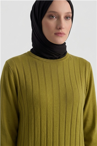 Armine Trend 25KTD901 Kendinden Şerit Detay Elbise Yağ Yeşili