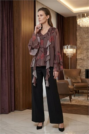 Ghisa Kat Detay Volanlı Tunik 4493 Bordo Desenli