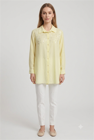 Omuzu Boncuk Detaylı Tunik 10794 - Sarı