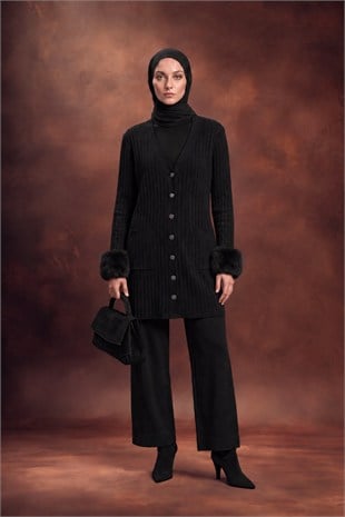 Armine Trend 26KAD607 Düğme Detay Kolu Peluş Pantolnlu Takım Siyah