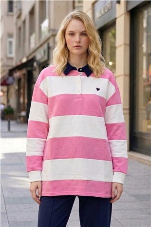 Nakış Detaylı Çizgili Sweat Tunik 3534 Pembe