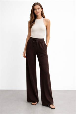 Beli Lastikli Kordonlu Pantolon X-272 - Kahve
