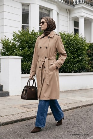 Armine Trend 26KT728 Araboy Çift Düğme Detay Trenç Camel