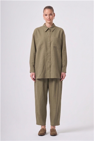 Nuss 1092 Çift Cep Detay Kendinden Desenli Takım Olive