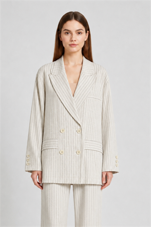 Oversize Çizgili Ceket 0035482 - Bej