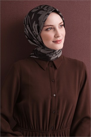 Armine 9645 Büyük Çiçekli Saf İpek Twill Eşarp Kahve