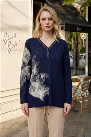 Çiçek Baskılı Anne Bluzu 27094 Lacivert