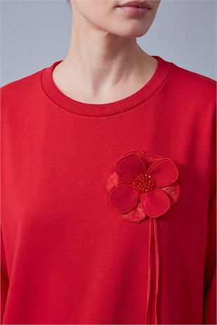 Yaka Çiçek Aplikeli Tunik 10815 Kırmızı