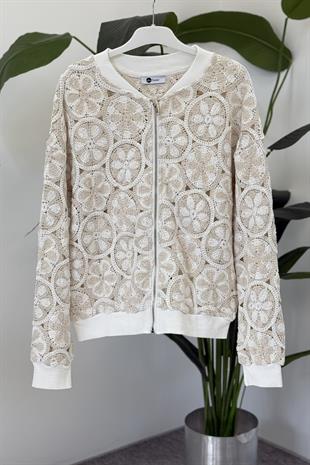Çift Renk Nakış İşlemeli Ceket WH3579 - Bej