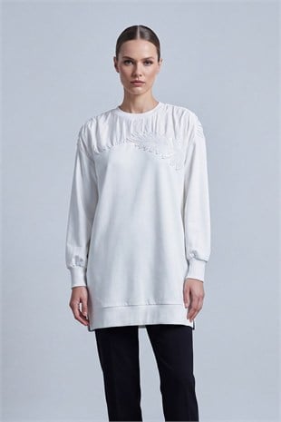 Yaprak İşlemeli Tunik 10817 Ekru