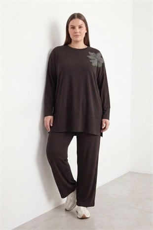 Omuz Çiçek Desen Büyük Beden Pantolonlu Takım 19287 Browni