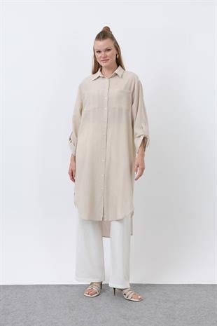 Kendinden Çizgi Detaylı Tunik 10686 - Taş