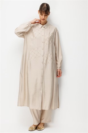 Micca 261864M Elişi Nakış Detaylı Pantalonlu Takım - Taş