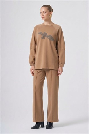 Nuss 1077 Çiçeği Boncuk İşlemeli Pantolonlu Takım Camel