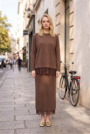 Etek Ucu Dantel Detay Triko Takım 36303 Mocha