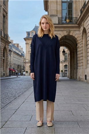 Ön V Detay Uzun Tunik 35326 Lacivert Tunik Miss Knit 