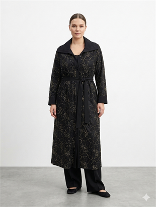 Fuat Gürşen 5114 Nakışları Boncuk İşlemeli Düğmeli Kap - Siyah Gold