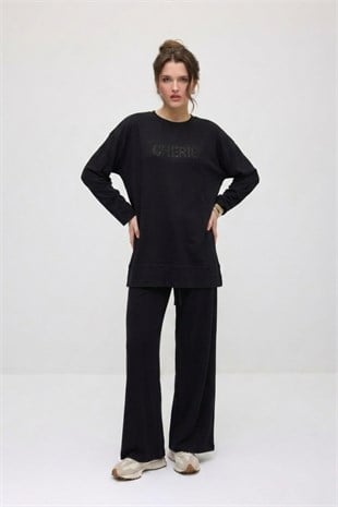 Pullu Nakış Detaylı Pantolonlu Takım 0037999 Siyah Takım İKOLL 