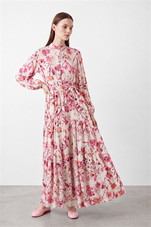 Desenli Elbise 12717 - Pembe