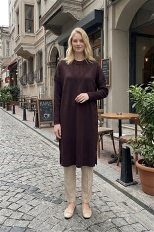 Ön V Detay Uzun Tunik 35326 Kahve
