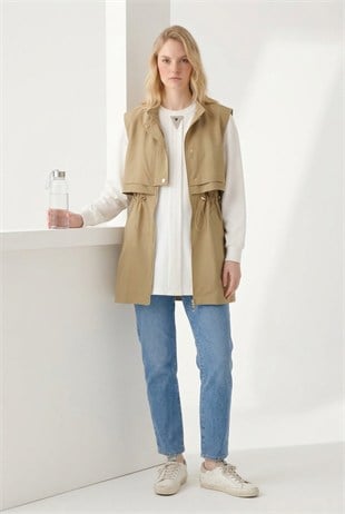Ön Yarım Pat Detay Yelek 11284 Camel
