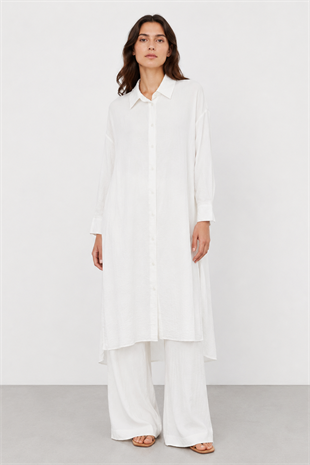 Düğmeli Uzun Tunik 0036471 - Ekru