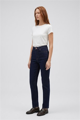 Dikişsiz Paça Mom Fit Kot Pantolon 764 Slaplı Lacivert