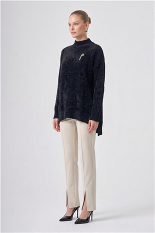Nuss 102 Balıkçı Yaka Angora Kazak Siyah
