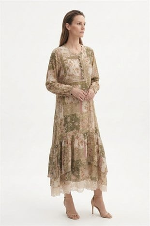 LissMore 6254 Desenli Elbise - Haki