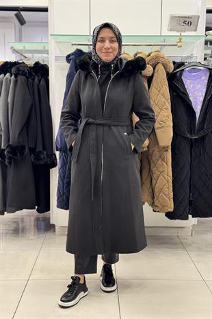 Armine Trend 24KT742 Fermuarlı Kemer Detaylı Kaban - Antrasit