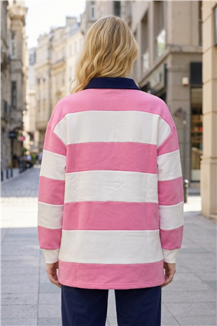 Nakış Detaylı Çizgili Sweat Tunik 3534 Pembe