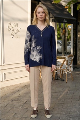 Çiçek Baskılı Anne Bluzu 27094 Lacivert