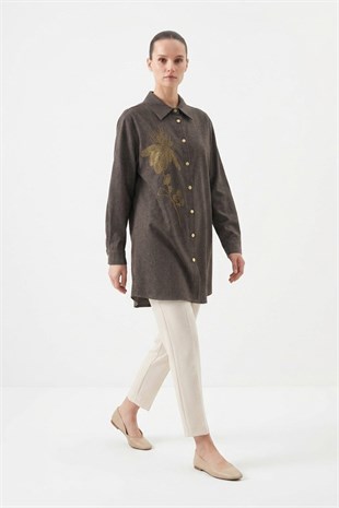Bir Yanı İşlemeli Tunik 10806 Browni