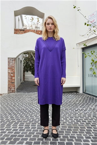 Ön V Detay Uzun Tunik 35326 Mor Tunik Miss Knit 