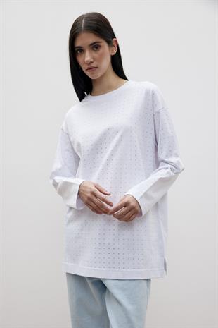 Merwish 1386 Taşlı  Tunik - Beyaz