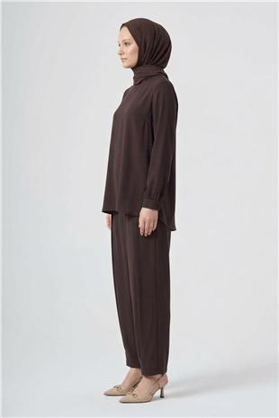 Nuss 1071 Pile Detay Pantolonlu Takım Kahve