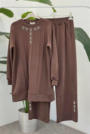 Yaka ve Paça Boncuk Detaylı Pantolonlu Takım 3048 - Browni