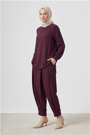 Nuss 1071 Pile Detay Pantolonlu Takım Mürdüm
