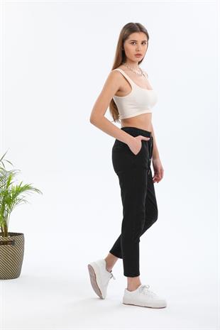 Beli Lastikli Ön Düğme Detaylı Pantolon 1054 - Siyah