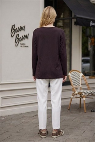 Bir Yanı Taş Baskılı Anne Bluzu 27129 Kahve