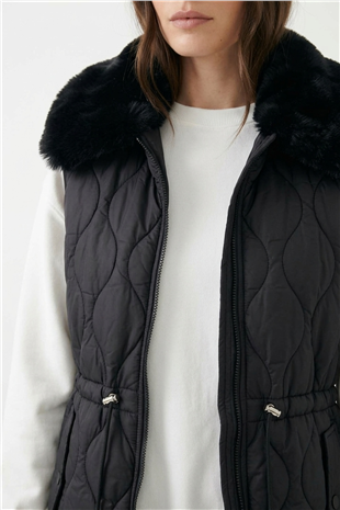 Yakası Peluşlu Kapitone Yelek 0037830 Siyah