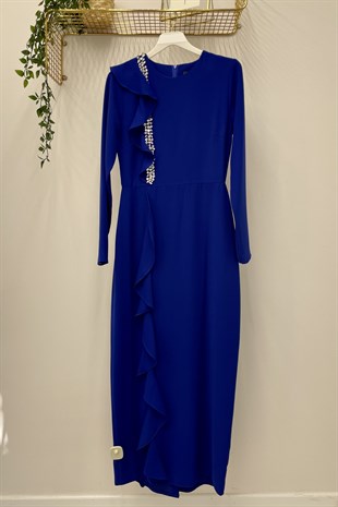 Bilen Exclusive Ön Uzun Volan Detay Taş İşlemeli Abiye Elbise - Saks