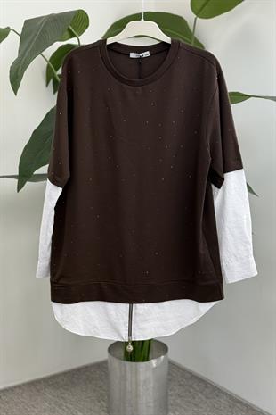 Taş Baskılı Etek Ucu Fermuarlı Tunik 10761 - Browni