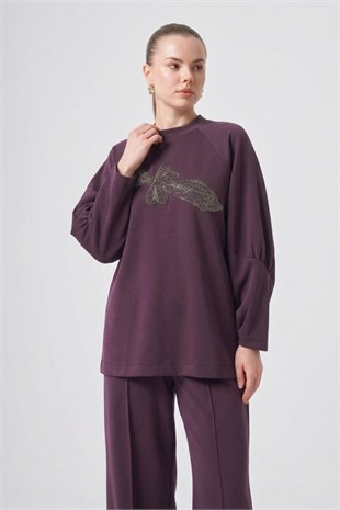 Nuss 1077 Çiçeği Boncuk İşlemeli Pantolonlu Takım Mürdüm