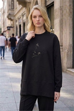 Kuş Baskılı Tunik 1000 Siyah Tunik QİMENE 