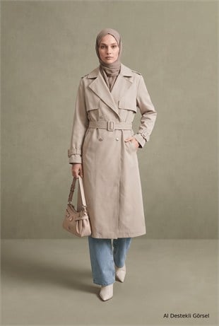 Armine Trend 26KT727 Parlak Düğme Detay Trenç Taş