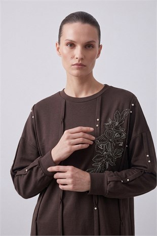 Bir Yanı İşlemeli Taşlı Tunik 10814 Browni