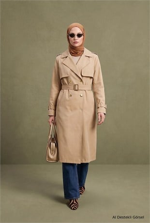 Armine Trend 26KT727 Parlak Düğme Detay Trenç Camel