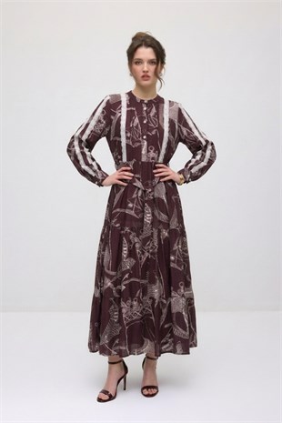 Ghisa Şal Desen Dantel İşlemeli Elbise 4499 Bordo